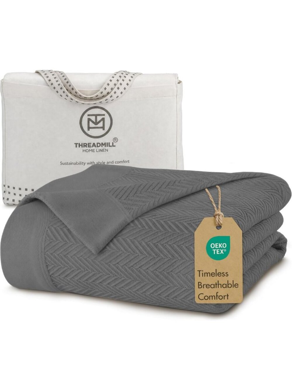 Luxury 100% Cotton Twin Herringbone Blanket in Dark Grey - Soft & Cozy Home